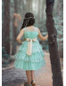 Lace Tiered Tea Length Flower Girl Dress With Flower Sash